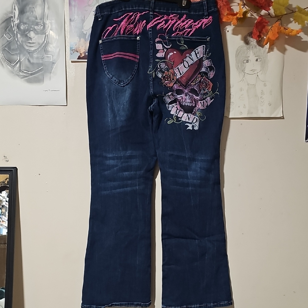 ROMWE Dark Blue Boot Cut Jeans with Pink Skull Embroidery